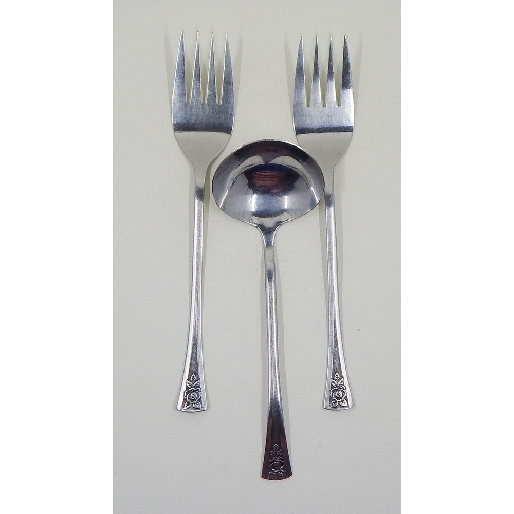 Northland Pasadena Pattern Stainless Serving Pieces Forks Ladle Korea Lot of 3